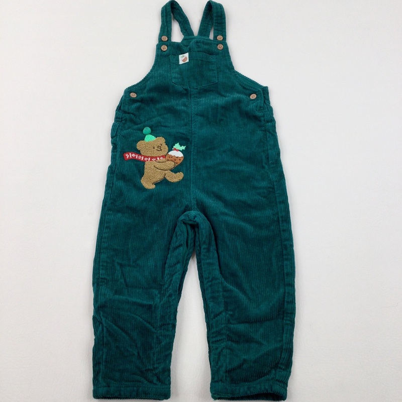 Teddy Bear Appliqued Bottle Green Lined Corduroy Dungarees - Boys/Girls 18-24 Months