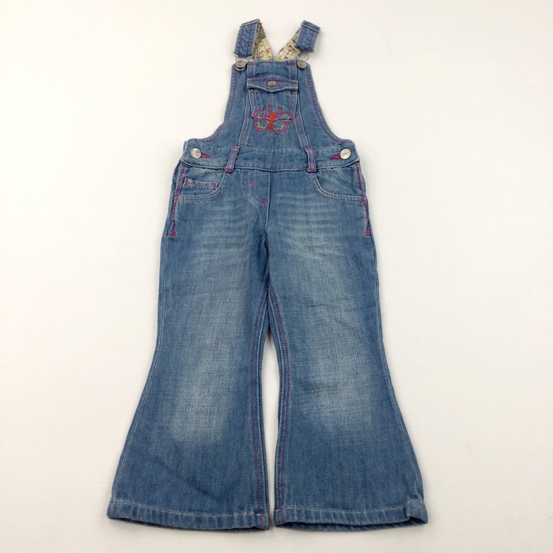 Butterfly Embroidered Light Blue Denim Dungarees - Girls 2-3 Years