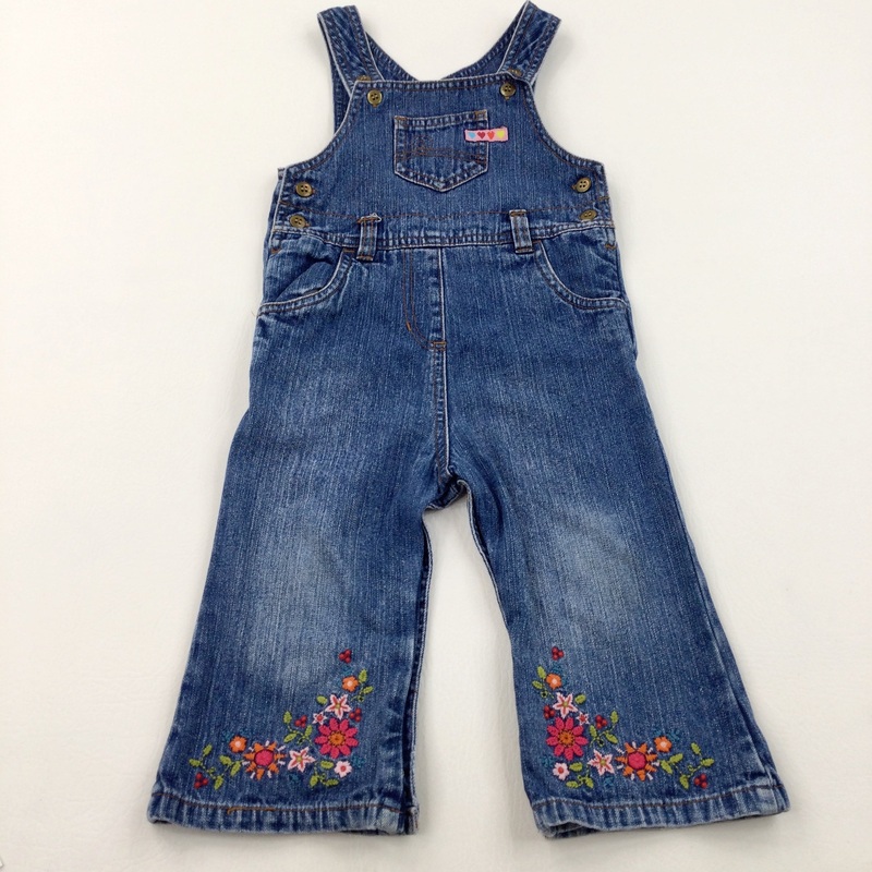 Flower Embroidered Denim Dungarees - Girls 12-18 Months