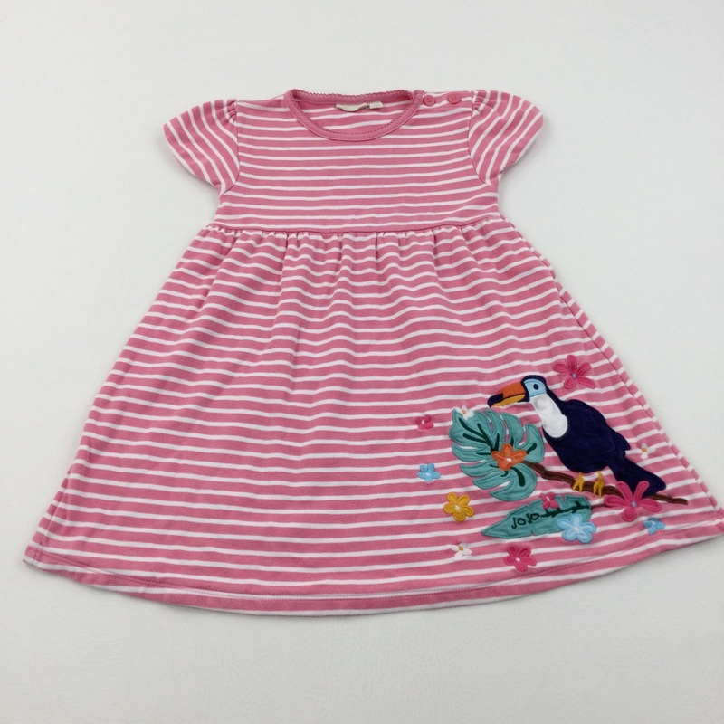 Toucan Appliqued Pink & White Striped Jersey Dress - Girls 4-5 Years