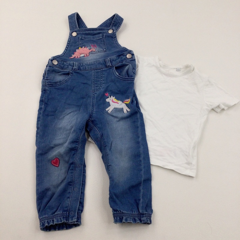 Unicorn & Dinosaur Denim Dungarees & White T-Shirt - Girls 18-24 Months
