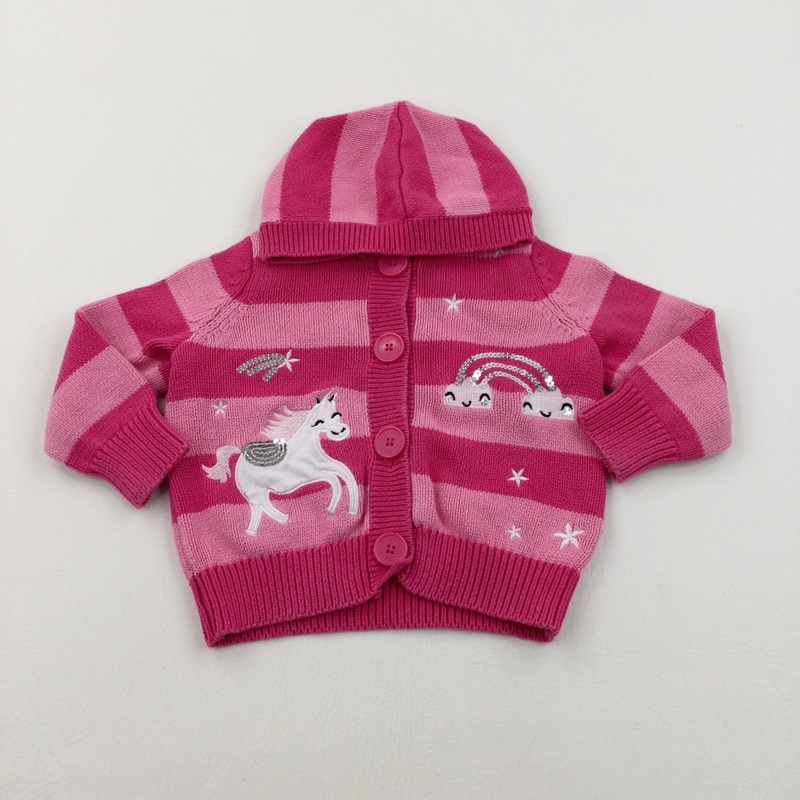 Unicorn & Rainbow Pink Striped Knitted Cardigan With Hood - Girls 18-24 Months