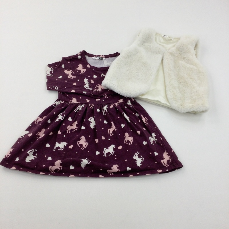 Unicorns & Hearts Burgundy Jersey Dress With Fluffy Cream Gilet - Girls 3-4 Years