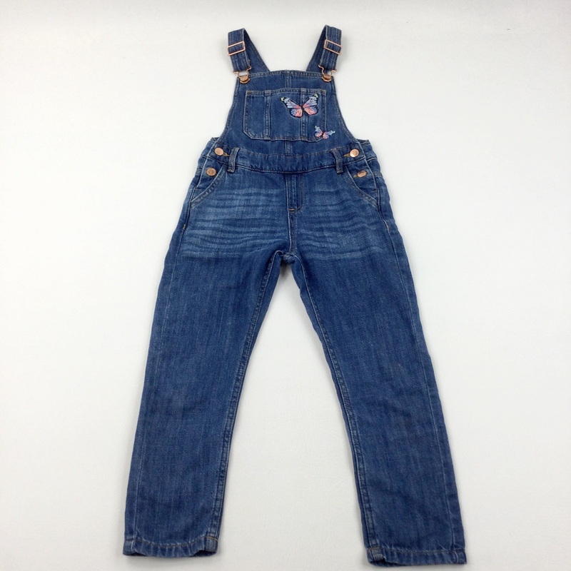 Butterflies Embroidered Mid Blue Denim Dungarees - Girls 6-7 Years