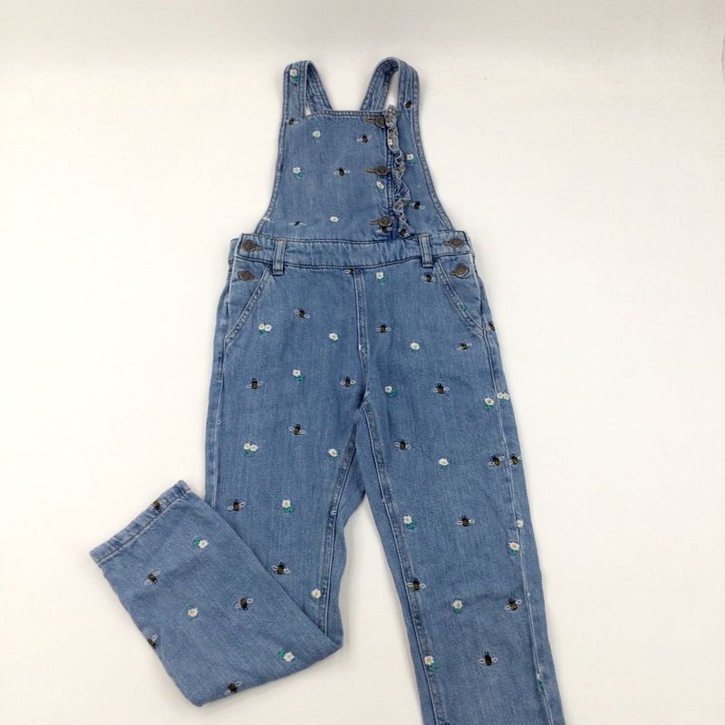 Flowers & Bees Embroidered Blue Midweight Denim Dungarees  - Girls 7-8 Years