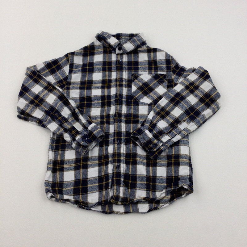 Navy, White & Mustard Checked Long Sleeved Shirt - Boys 7-8 Years