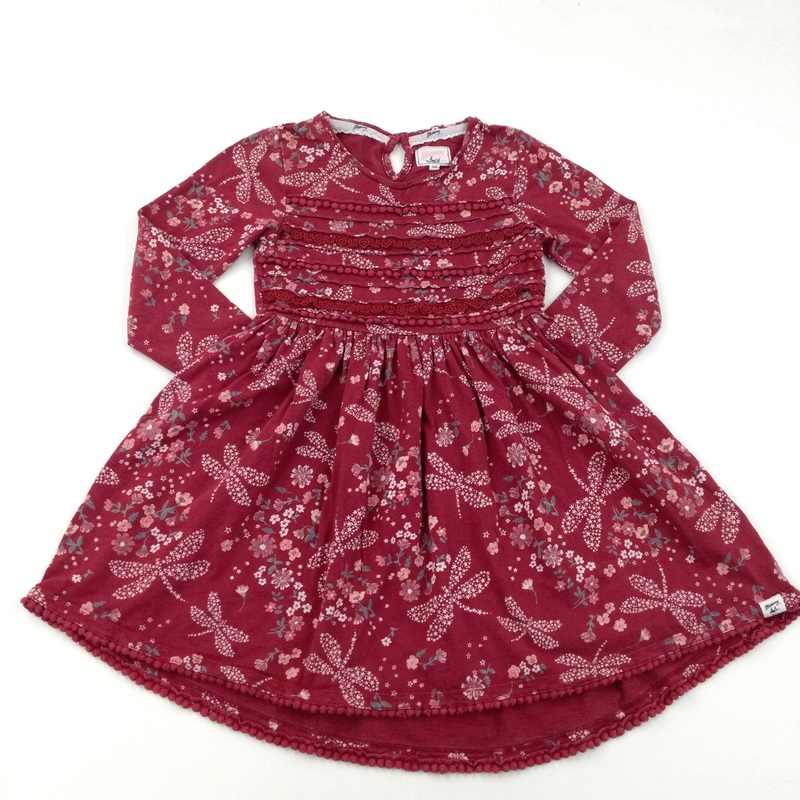 Red Floral & Dragonfly Long Sleeved Lightweight Dress- Girls 7-8 Years