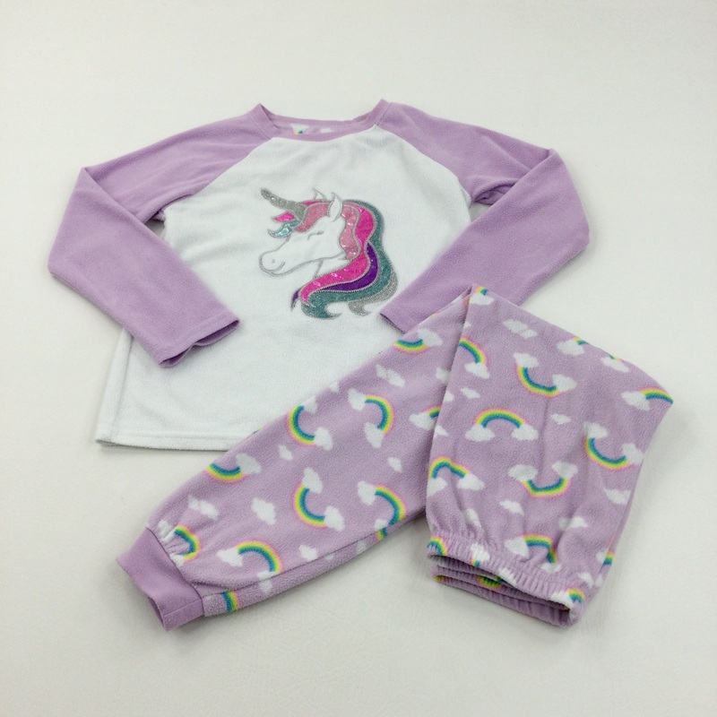 Unicorn & Rainbows Lilac & White Fleece Pyjamas - Girls 6-7 Years