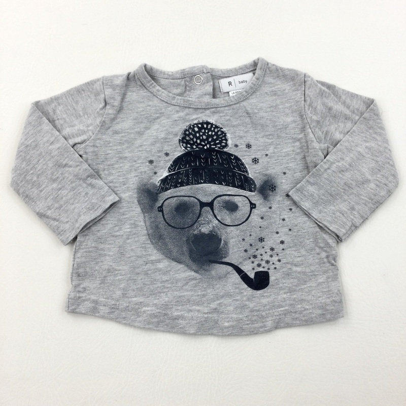 Polar Bear In Hat Grey Long Sleeve Top - Boys 6-9 Months