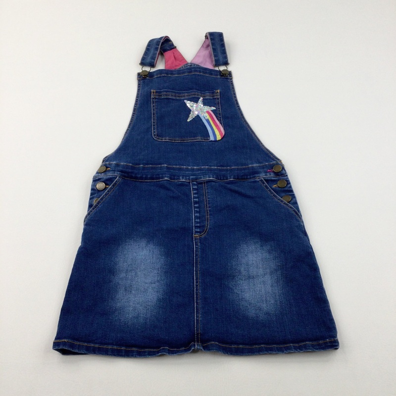Sequin Rainbow Star Blue Denim Dungaree Dress - Girls 11-12 Years