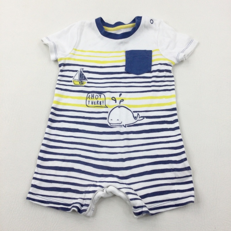 'Ahoy There!' Whale & Boat Navy, Yellow & White Striped Jersey Romper - Boys 6-9 Months