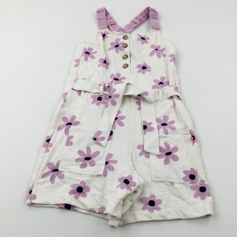 Flowers Lilac & Cream Short Dungarees With Tie Belt - Girls 11-12 Years