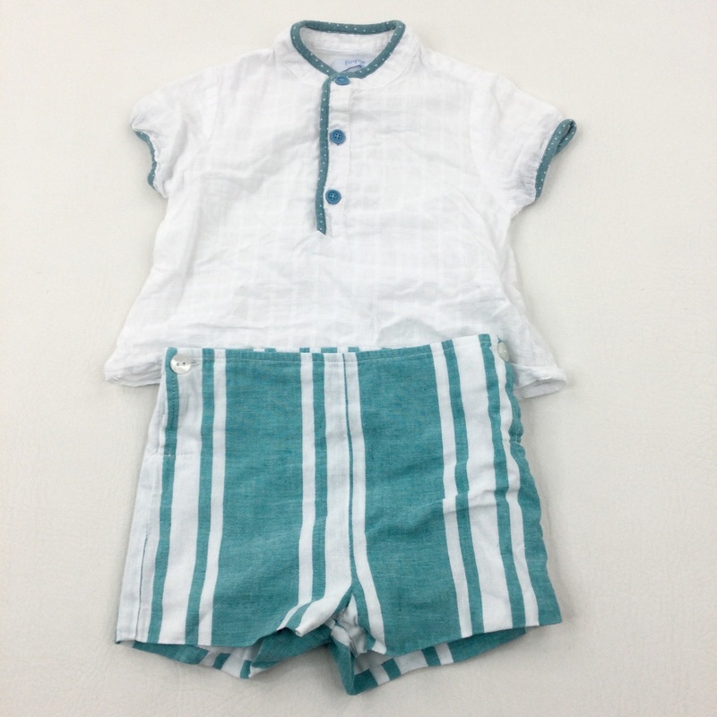 Green & White Shirt & Shorts Matching Set - Boys 6-9 Months