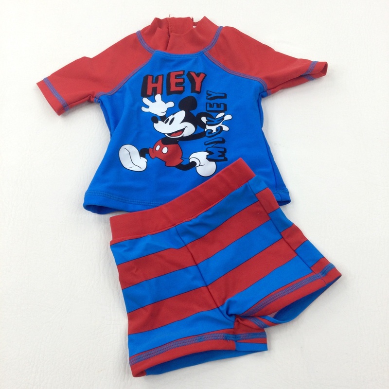 'Hey Mickey' Mouse Red & Blue Two Piece Beach Swim Suit - Boys 3-6 Months