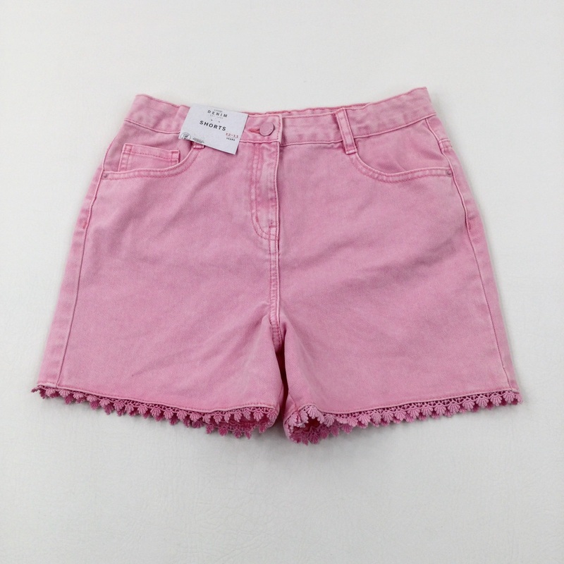 **NEW** Lace Trim Pink Denim Shorts With Adjustable Waist - Girls 12-13 Years