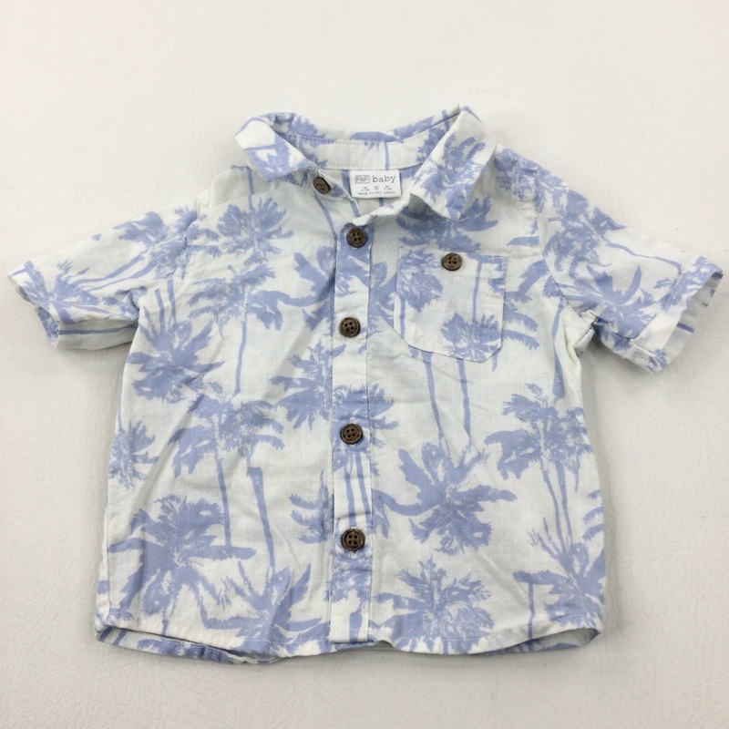 Palm Trees Blue & White Cotton Short Sleeve Shirt - Boys 6-9 Months