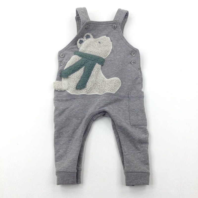 Polar Bear Appliqued Grey Jersey Dungarees - Boys 6-9 Months