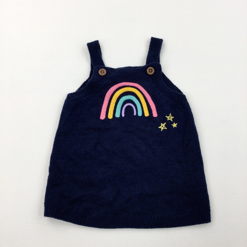 Rainbow & Stars Embroidered Navy Knitted Dress - Girls 6-9 Months