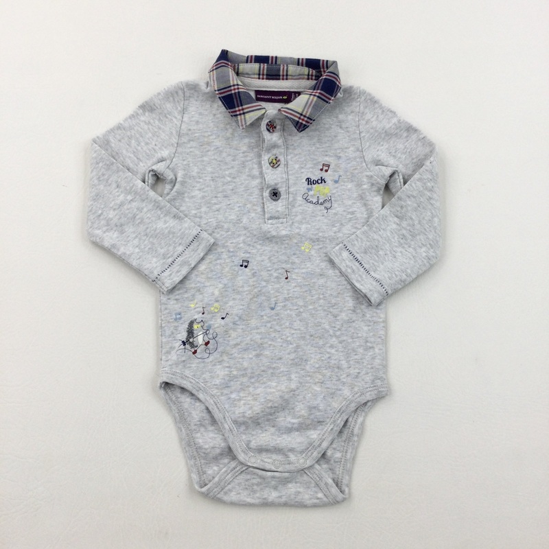 'Rock Pop Academy' Grey & Checked Long Sleeve Bodysuit - Boys 9-12 Months