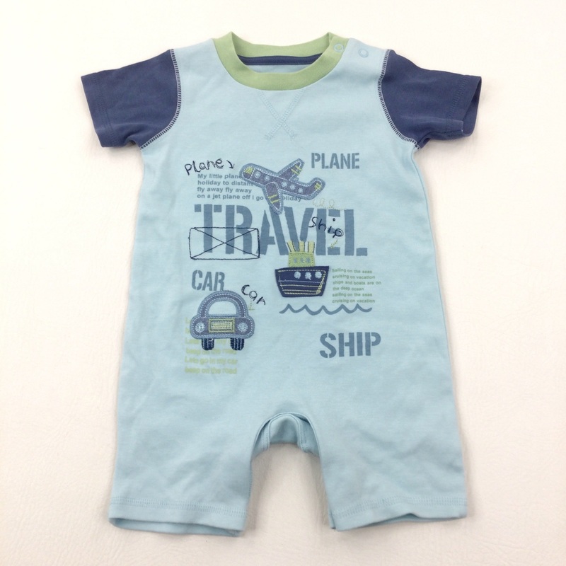 'Travel' Plane, Boat & Car Appliqued Blue Romper - Boys 3-6 Months