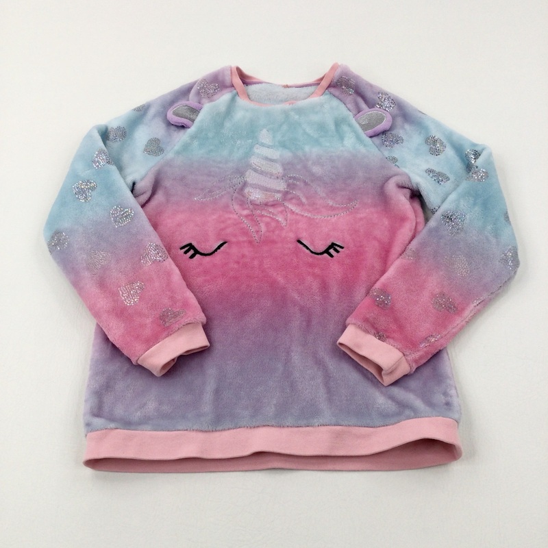 Unicorn & Hearts Sequinned Pink & Blue Fleece Jumper - Girls 11-12 Years