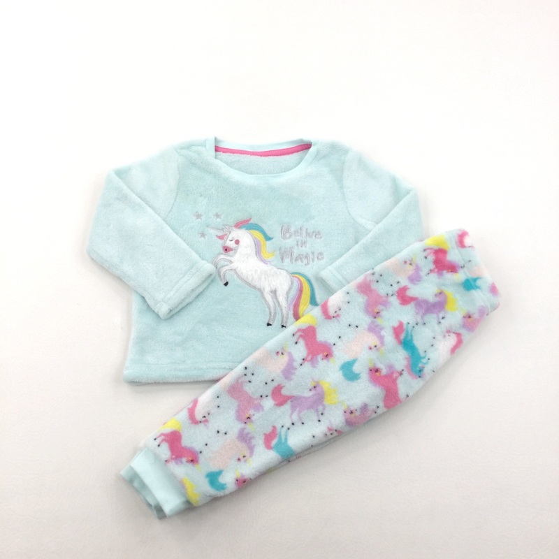 'Believe In Magic' Unicorn Embroidered Colourful Blue Fleece Pyjamas - Girls 18-24 Months