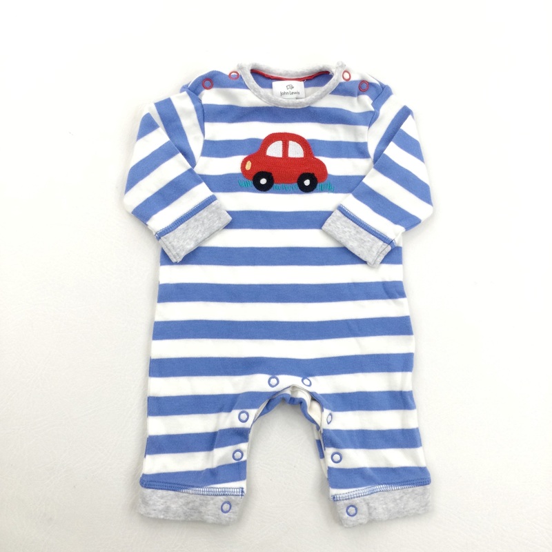Car Embroidered Striped Blue & White Romper - Boys Newborn