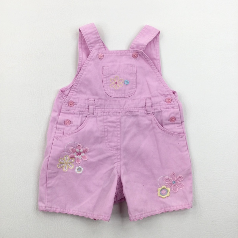 Flowers Embroidered Pink Cotton Dungarees - Girls Newborn