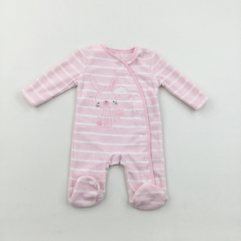 'Happy Little Bunny' Embroidered Striped Pink & White Lightweight Pramsuit - Girls Newborn