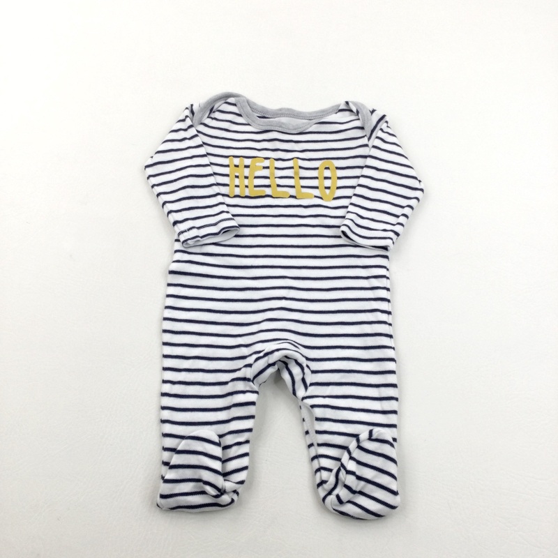 'Hello' Navy & White Striped Sleepsuit - Boys Newborn