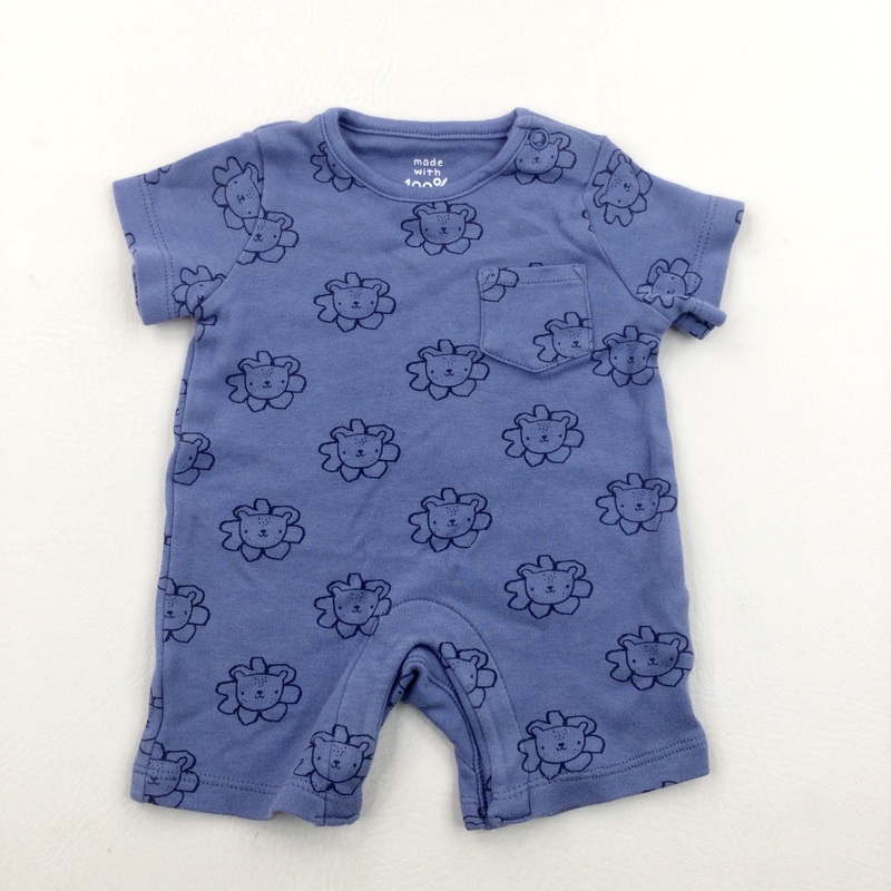 Lion Blue & Navy Short Cotton Romper - Boys Newborn