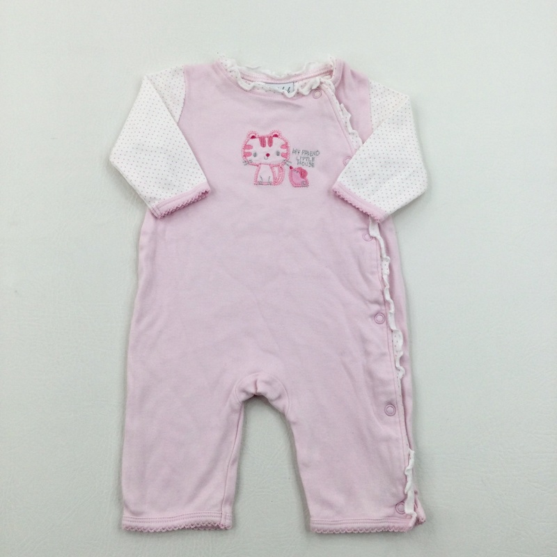 'My Friend Little Mouse' Cat Embroidered Spotty Pink Romper - Girls Newborn