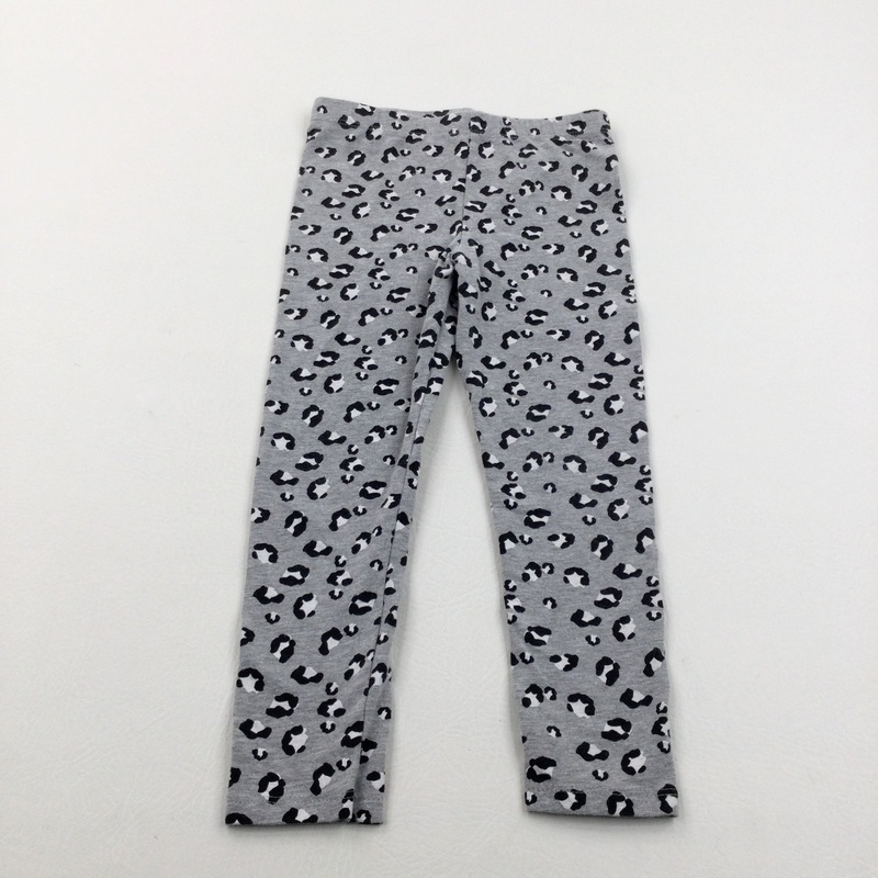 Animal Print Grey & Black Leggings - Girls 3-4 Years