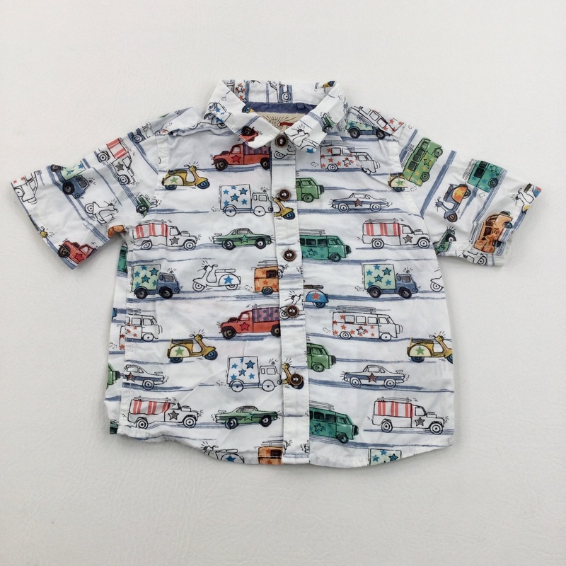 Colourful Vehicles White Short Sleeve Shirt - Boys 6-9 Months