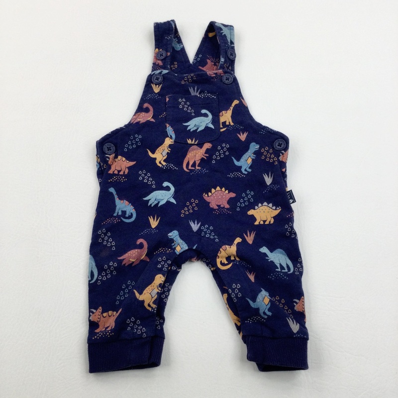 Dinosaur Colourful Navy Cotton Dungarees  - Boys 0-3 Months