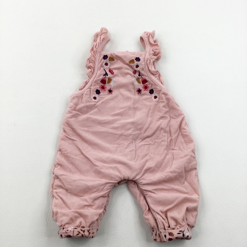 Flowers Embroidered Pink Cord Dungarees - Girls 0-3 Months