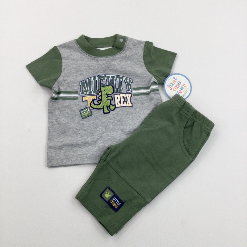 **NEW** 'Mighty T-Rex Little Stomper' Dinosaur Appliqued Grey & Green Set - Boys 0-3 Months