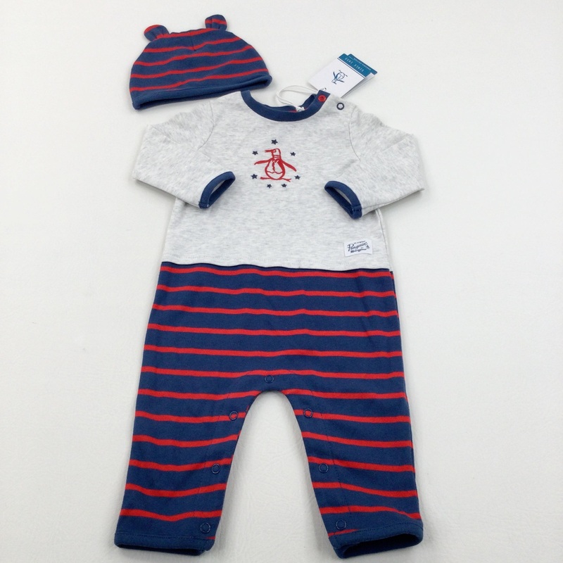 **NEW** Penguin Embroidered Striped Grey Red & Navy Romper With Hat - Boys 3-6 Months