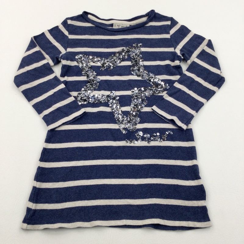 Sequin Striped Navy & White Long Sleeve Dress - Girls 3-4 Years