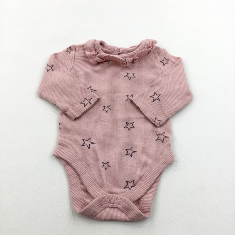 Stars Pink & Grey Ribbed Long Sleeve Bodysuit - Girls 0-3 Months