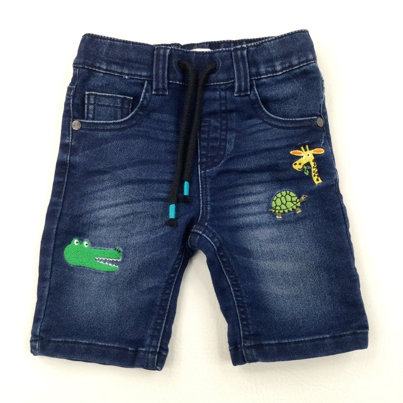 Animal Embroidered Dark Blue Denim Shorts - Boys 18-24 Months