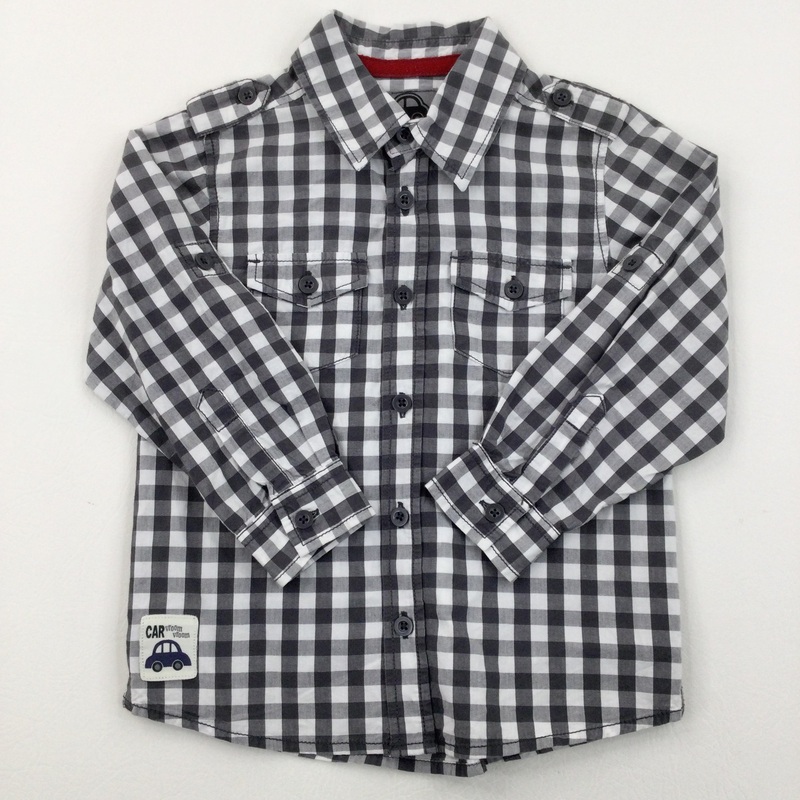 'Car Vroom Vroom' Grey & White Checked Cotton Shirt - Boys 2-3 Years