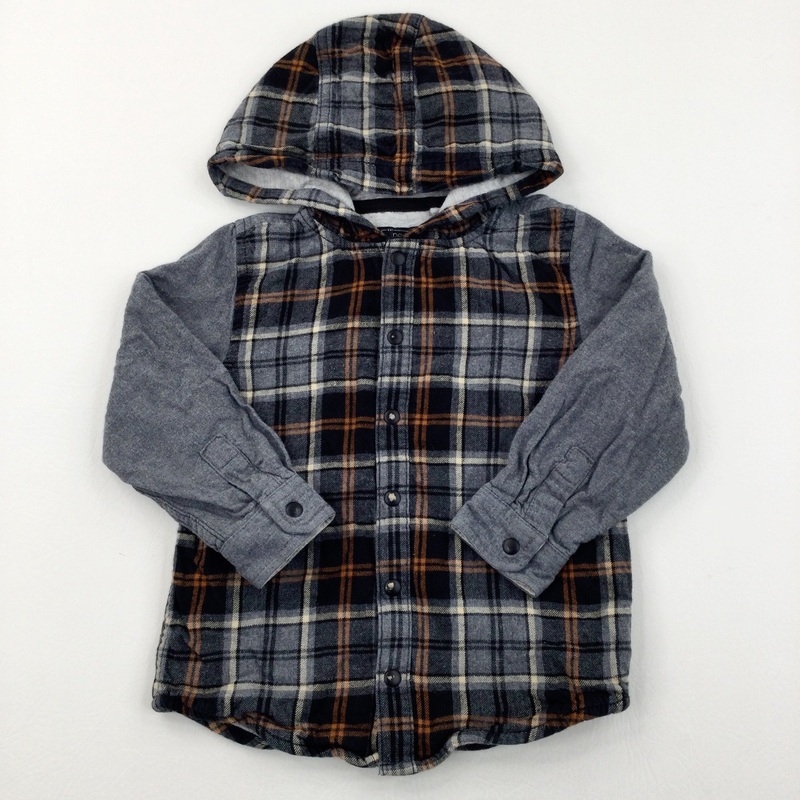 Grey, Tan & Black Checked Lined Jersey & Cotton Shirt with Hood - Boys 2-3 Years