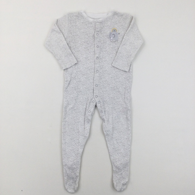 'Happy' Elephant & Rainbow Grey Babygrow - Boys/Girls 12-18 Months