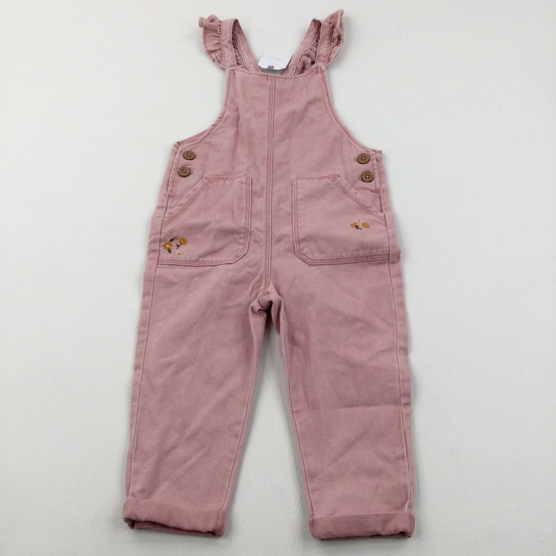 **NEW** Flowers Embroidered Dusky Pink Cotton Twill Dungarees - Girls 2-3 Years