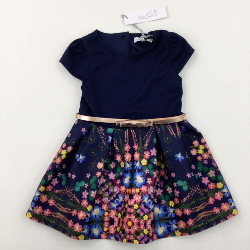 **NEW** Flowers Navy Party Dress With Gold Belt - Girls 12-18 Months