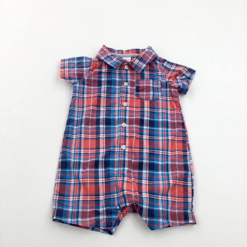 Red, White & Blue Cotton Shirt Romper - Boys 12 Months