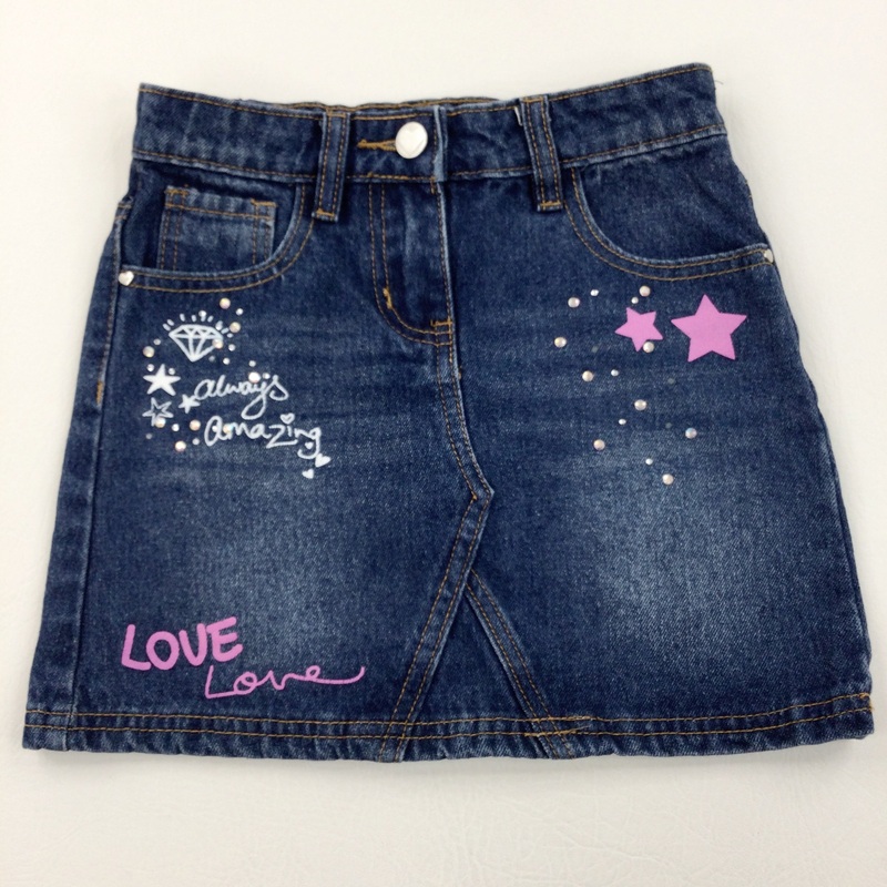 'Always Amazing' Diamontes Denim Skirt With Adjustable Waist - Girls 6-7 Years