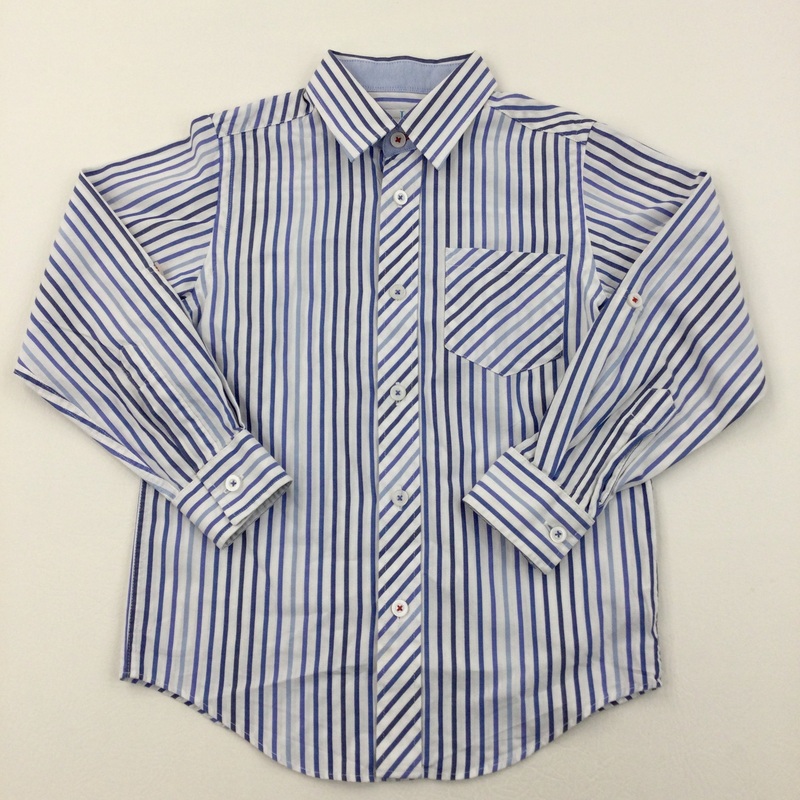 Blue & White Striped Smart Long Sleeve Shirt - Boys 6-7 Years