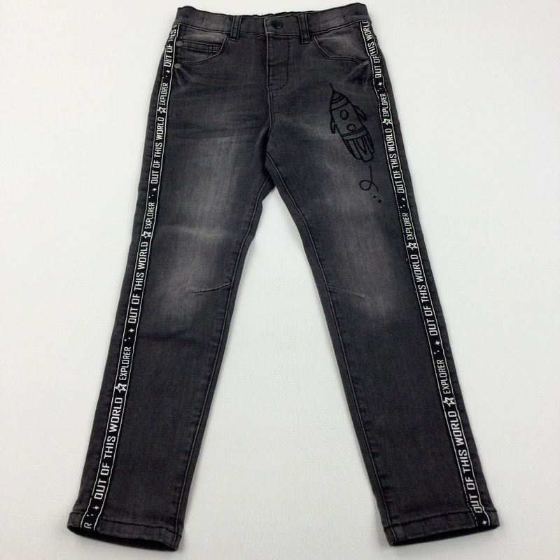 'Out Of this World' Rocket Embroidered Charcoal Denim Jeans With Adjustable Waist - Boys 5-6 Years
